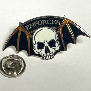 VTG Black White Enforcer Skull Bat Wings Lapel Jacket Hat Pin Collectible